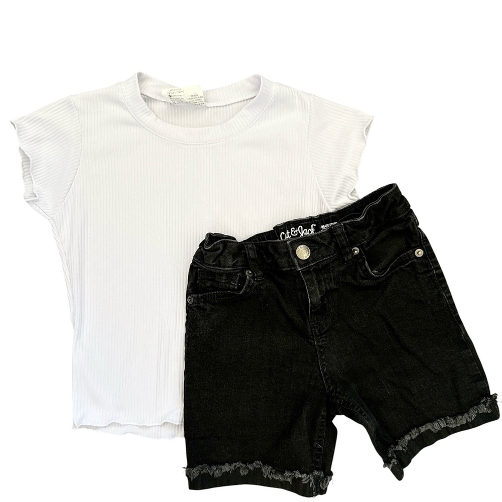 Girls 7/8 White Ribbed Tee and Black Denim Shorts Set